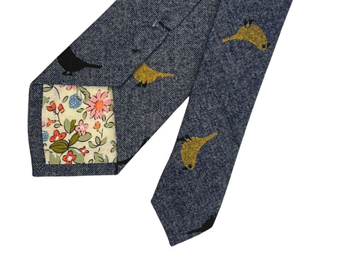 denim medium blue cotton tie with bird design